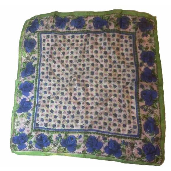 Unbranded Accessories - Vintage 100% Silk Scarf Hand Screened Floral Blue Green Pink Ivory Granny 15x15